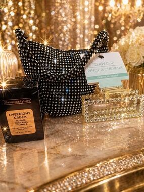 Black Rhinestone Evening Bag- Night Cream & Sparkly Hair Clip Bundle